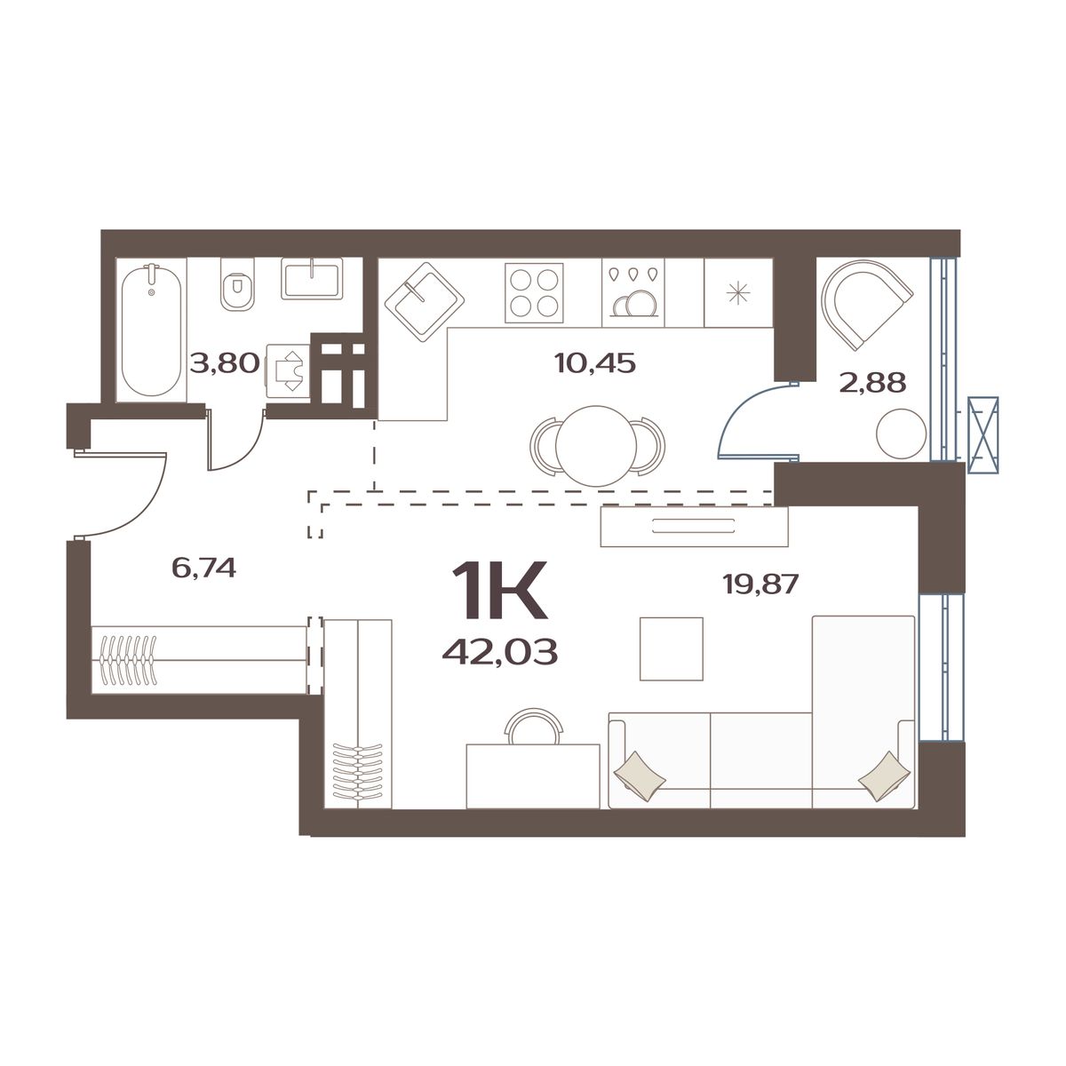 ЖК Меридианы Улисса, 1-комн кв 42,03 м2, за 5 942 000 ₽, 3 этаж